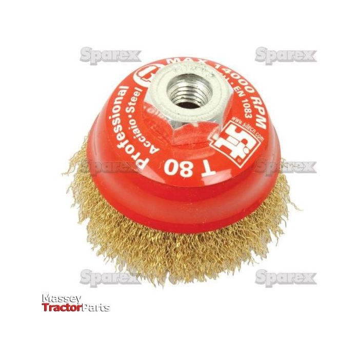 The Sparex Crimp Cup Wire Brush 75mm (Part No. S.25362) features brass-dipped bristles and a central attachment hole. Marked with "S80" and "MAX 14000 RPM" in white, this red professional wire brush is set against a white background.