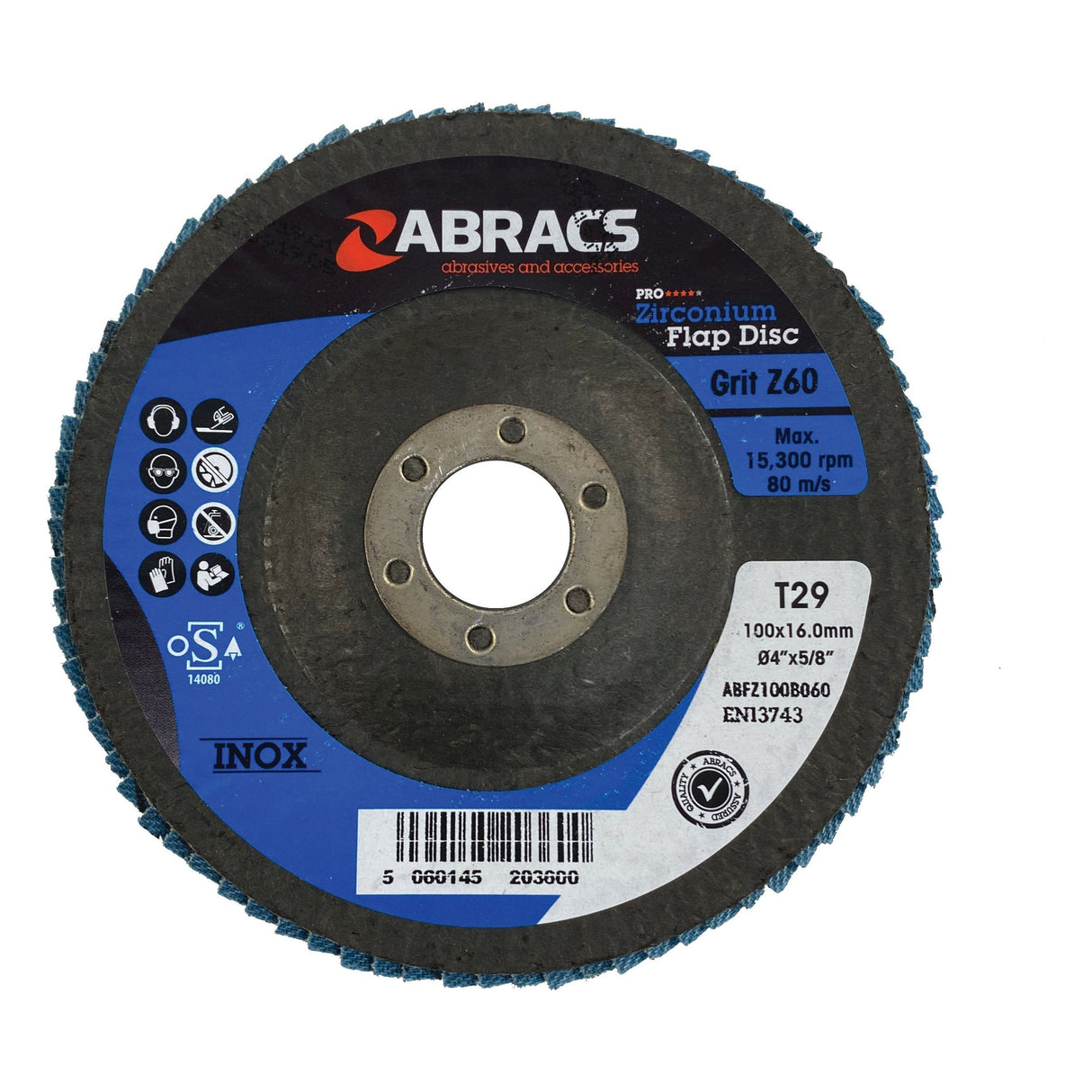 Image of a blue Zirconium Flap Disc (Grit 60) by Sparex, showcasing maximum performance with specifications like ⌀100 x 10 x 16mm, max 15,300 RPM, and adorned with various certification logos. Ideal for stainless steel applications. Product code: S.20186.