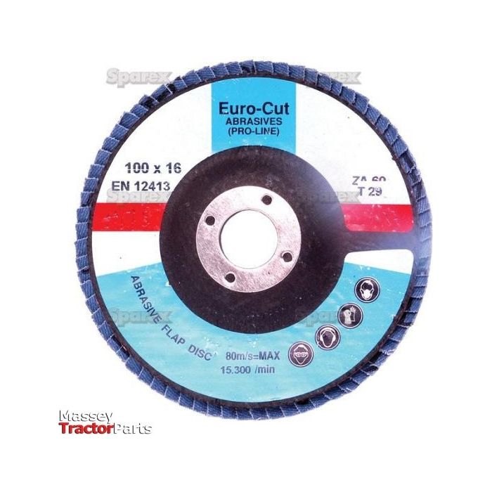Image of a Sparex Flap Disc (S.20183) with dimensions ⌀100 x 10 x 16mm, 40 grit, a maximum speed of 15,300 RPM, and compliance with EN 12413 standard for optimal performance on stainless steel.