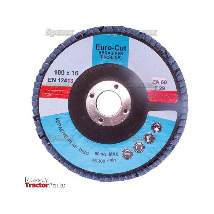 A Sparex Flap Disc⌀100 x 10 x 16mm - 60 Grit - S.20186, designed for maximum performance on stainless steel, offers specifications ZA 60 T 29. It supports a max speed of 80 m/s and up to 15,300 r/min, making it ideal for professional use and is typically shown on a white background.