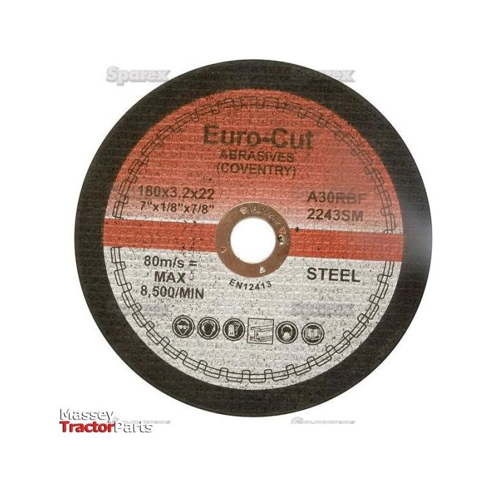 A close-up of a Sparex Flat Metal Cutting Disc Ø178 x 3 x 22.23mm A30RBF - S.11751 for high-performance steel cutting. The disc is labeled with product specifications and safety icons, with the background featuring the words "Massey Tractor Parts.