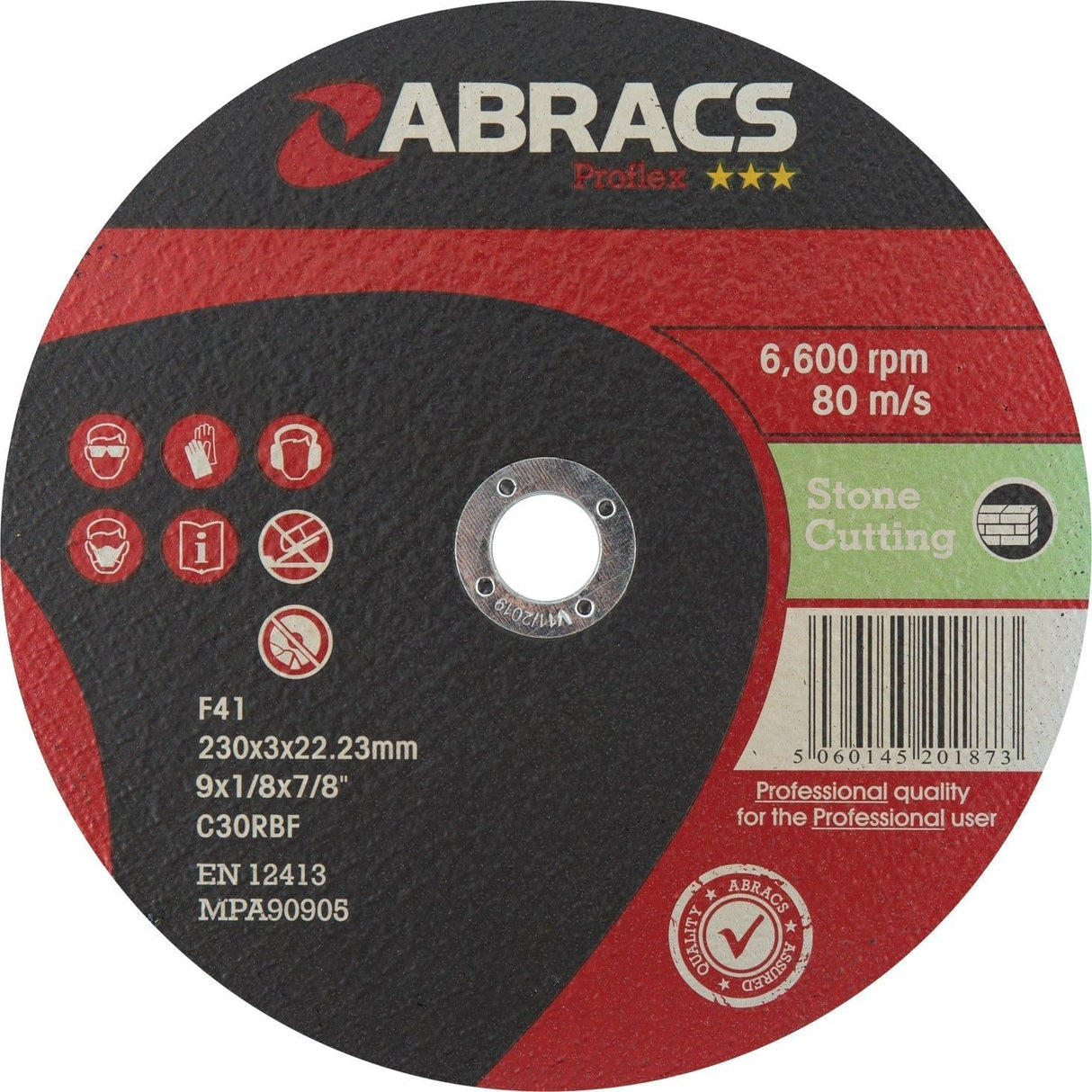A red and black Sparex Flat Stone Cutting Disc⌀230 x 3 x 22.23mm C30RBF labeled with product information, including dimensions and specifications, suitable for professional use.