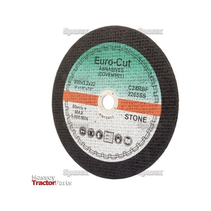 A round abrasive cutting disc labeled "Sparex," with specifications for stone cutting (Flat Stone Cutting Disc⌀230 x 3 x 22.23mm C30RBF - S.13349), suitable for professional and DIY tasks alike, shown against a plain background.