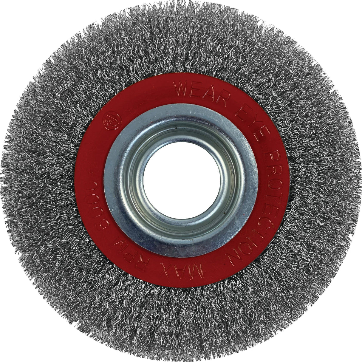 The Sparex Wire Wheel Brush 150mm (Sparex Part No. S.20194) boasts a circular design with a red center and metal bristles, making it perfect for cleaning or removing rust and paint from surfaces.
