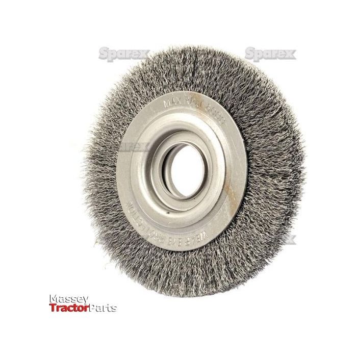 A 150mm wire wheel brush labeled "Sparex Part No.S.20194" with a central bore and marked "MAX 4500 RPM." The background features a faint "Sparex" watermark, and the "Massey Tractor Parts" logo in red and black is located at the bottom left corner.