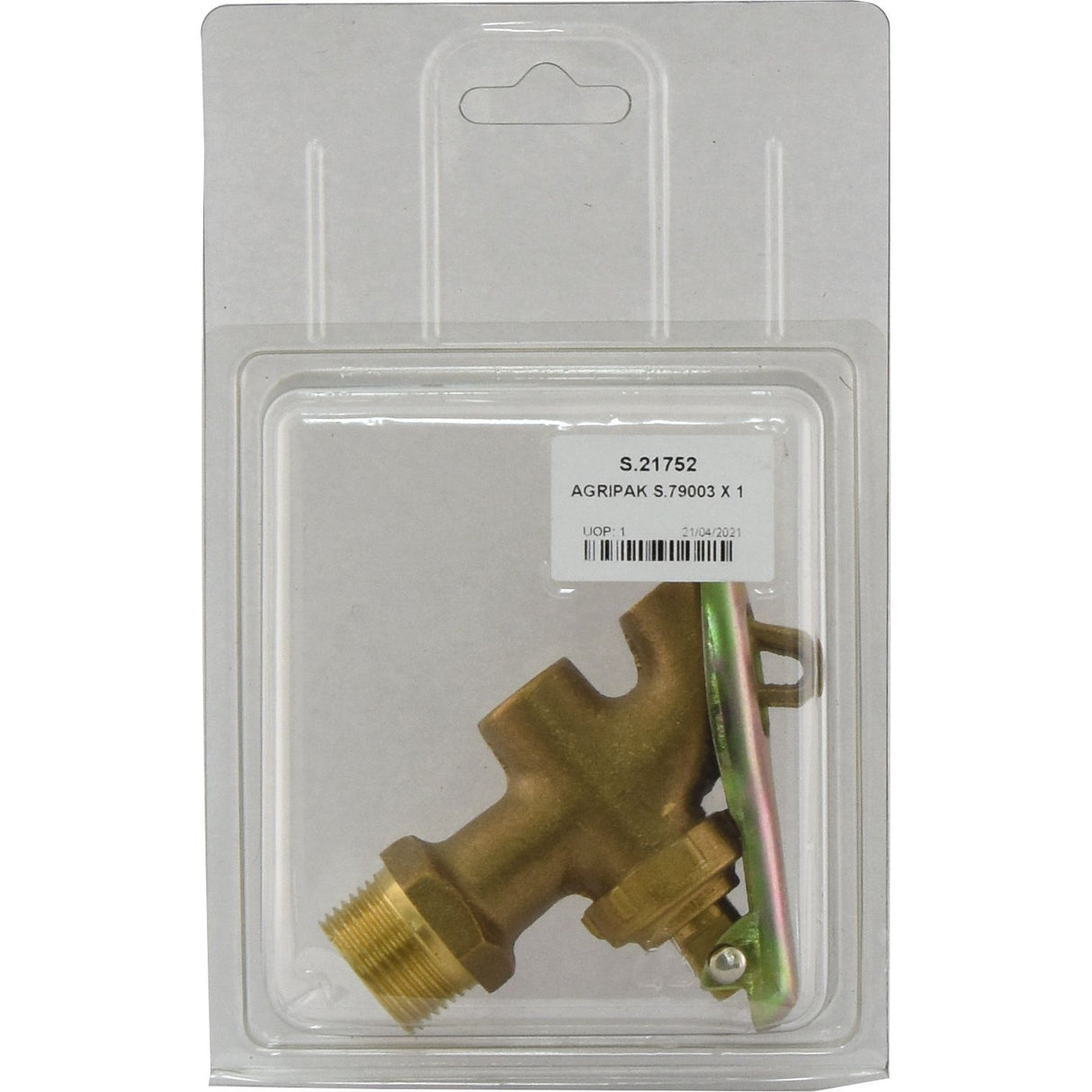 A brass valve, part of the Brass Pack series, is packaged in a clear plastic blister pack with a cardboard backing, labeled "Sparex S.21752 X 1".