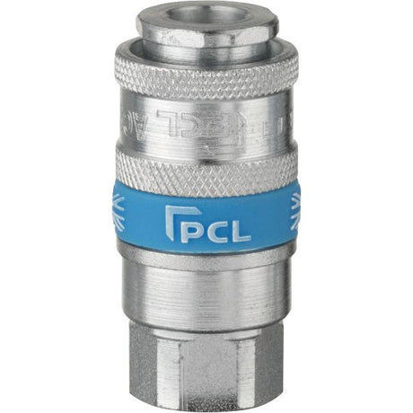The Coupling Female Thread 3/8" BSP (Sparex Part No.S.14347) is a metallic quick-release air hose connector featuring a PCL logo on a blue band in the middle.