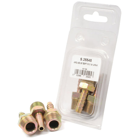 Three brass hose barb fittings sit next to a clear package labeled "Sparex Part No. S.25545, Hose Tail 1/4'' ID hose to Male Thread 3/8'' BSPT (Agripak 3 pcs.)," containing additional Airline fittings with BSPT male threads.