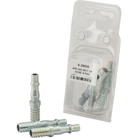 A package labeled "Adaptor 3/8'' ID Hose Tailpiece (Agripak 3 pcs.) | Sparex Part No.S.25530" containing multiple steel airline fittings, with a few connectors displayed outside the package.