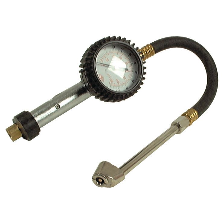 The AIRLINE GAUGE (HD) | Sparex Part No. S.14930 by Sparex is an analog tire pressure gauge featuring a flexible rubber hose, metal nozzle, and circular dial for precise pressure readings.