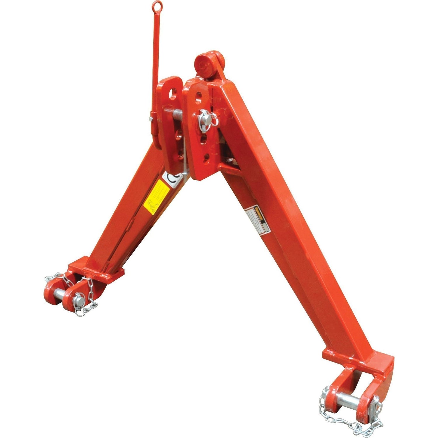 The Sparex A Frame Quick Hitch System (Cat.2) CE Approved - S.23464 is a red, metal A-frame lifting attachment equipped with chains and hooks connected to the base, specifically designed for securing and supporting heavy equipment or machinery. It has a clearly marked load capacity compatible with Cat. 2 specifications.