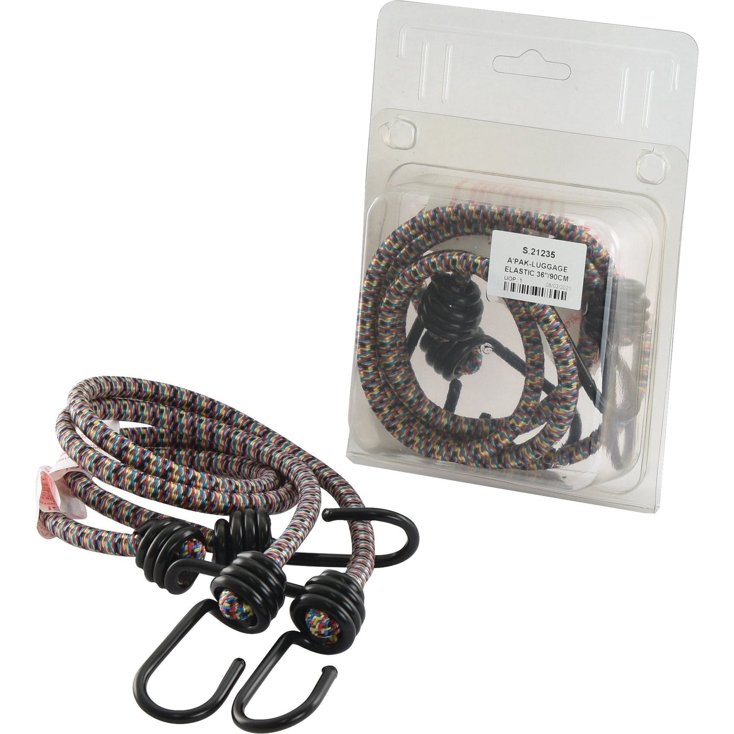 Two A'PAK-LUGGAGE ELASTIC 36''/90CM bungee cords by Sparex, each with black plastic hooks at both ends. One cord is in transparent packaging with a white label displaying the Sparex logo, and the other is de-packaged. These multicolored cords are made from durable polypropylene.