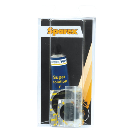 A package containing a tube of Sparex Super Solution F and various small components, enclosed in a transparent plastic casing—essential for any A'PAK - PUNCTURE REPAIR KIT (Sparex Part No. S.21172).