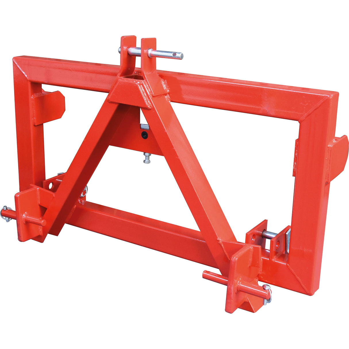 Introducing the Sparex Adapter from Euro Norm to 3-point linkage (Cat. 2) - S.143494, a red metal attachment designed specifically for tractors. This robust adapter features a durable triangular frame equipped with mounting brackets and securing pins. Built to withstand rigorous use, it integrates seamlessly with Battioni Pagani Pomp MEC13500D systems. For further details, please refer to the manufacturer's information provided.
