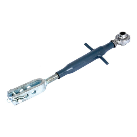 Close-up of a Sparex Levelling Box Assembly, featuring a threaded M18x2.5 metric body, ball end with Ø19mm diameter, and fork end with Ø14mm hole. This component is used for adjusting tension in rods or cables and has been finished with a zinc plating. The assembly's minimum length is 387mm and it comes in various thread sizes under Sparex Part No. S.70543.