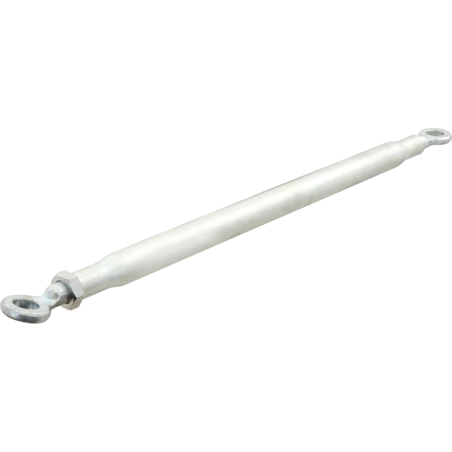The Sparex Adjustable Stabiliser Bar, Heavy Duty - S.158 is a metallic turnbuckle with eyelets on both ends, designed for adjusting tension in cables or ropes. Compatible with Massey Ferguson and Landini 894208M91 models, this durable component works seamlessly with Sparex End Fittings to ensure optimal performance.
