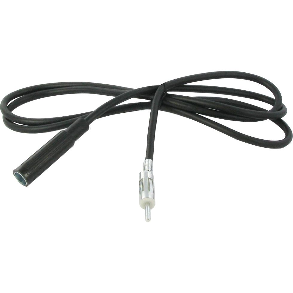 The Aerial extension cable 1m (Sparex Part No. S.150453) by Sparex is a 1 meter black coaxial cable with connectors at both ends, featuring a female socket on one end and a male plug on the other. The coiled aerial extension cable is compatible with KENWOOD devices.