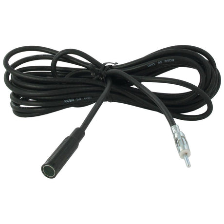 The Sparex Aerial extension cable 2m (Sparex Part No.S.150454) is a black coiled cable featuring a cylindrical connector on one end and a metal pin connector on the other, compatible with KENWOOD devices.