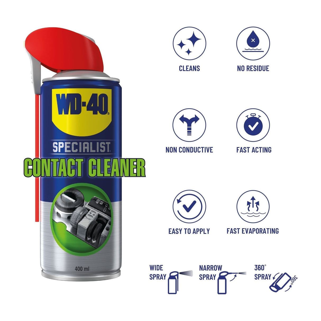Image of a 400ml Sparex Aerosol Contact Cleaner can (Sparex Part No. S.27682). The product is shown with various icons highlighting its features, including "cleans," "no residue," "non-conductive," "fast acting," "easy to apply," and "fast evaporating." This aerosol contact cleaner ensures efficient and mess-free maintenance.