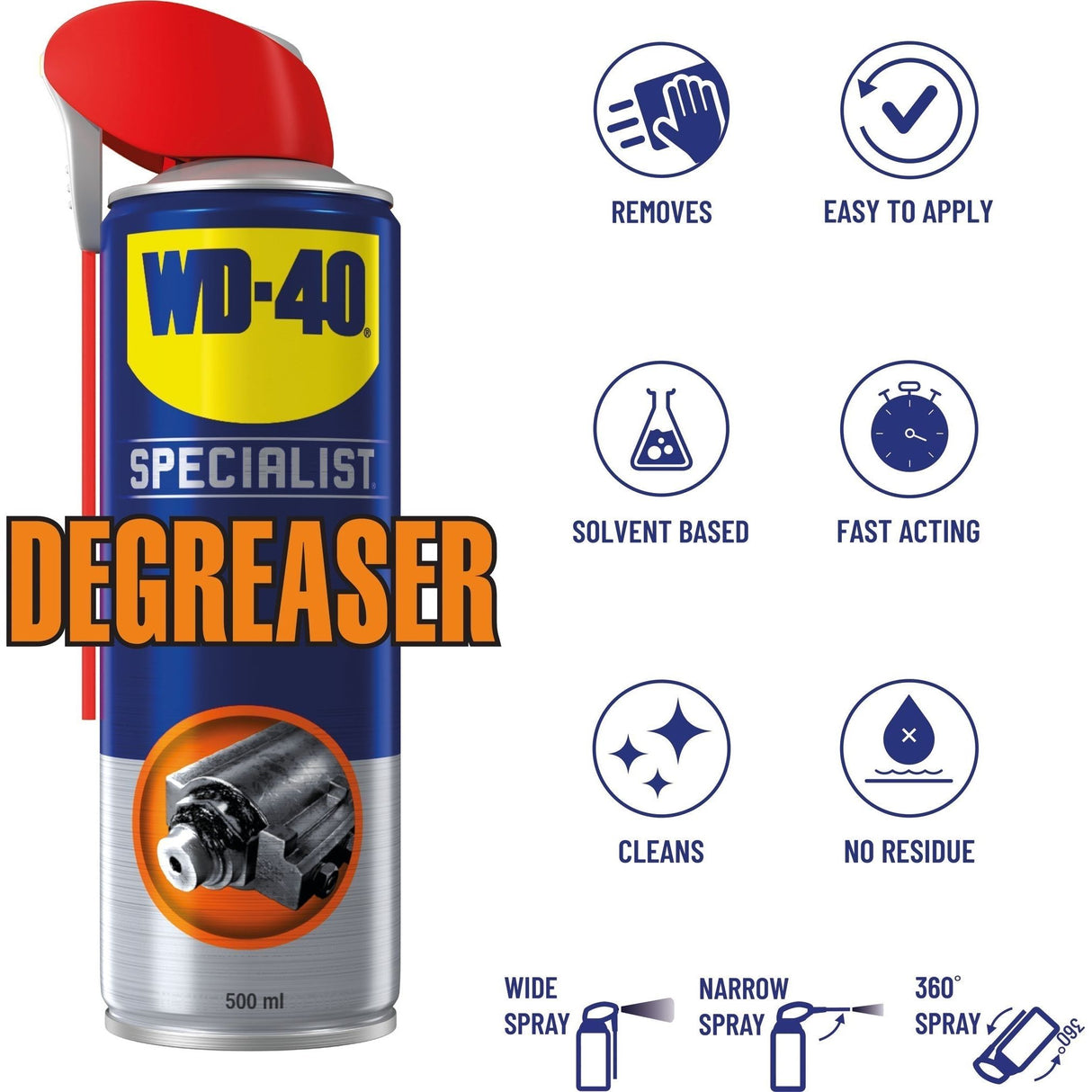 A canister of Sparex Aerosol Degreaser - 500ml, Part No. S.27684, comes with icons indicating it removes grime easily, is simple to apply, solvent-based, fast-acting, cleans efficiently, and leaves no residue. This industrial-grade degreaser features both wide and narrow spray options for versatile application.