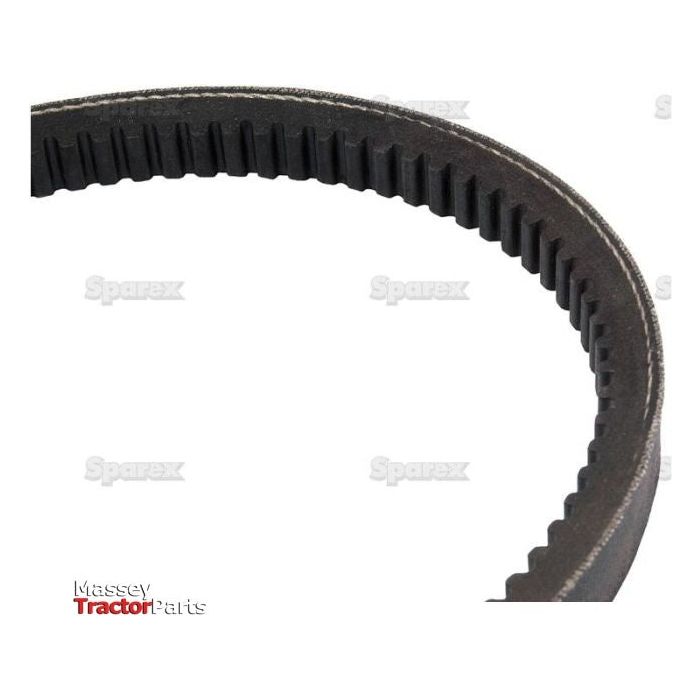 Close-up view of a toothed, circular tractor part with the Massey Tractor Parts and Sparex logos faintly visible in the background. A Sparex Raw Edge Moulded Cogged V Belt - BX Section (Belt No. BX59, Sparex Part No.S.19119) is also partially seen peeking out from behind.