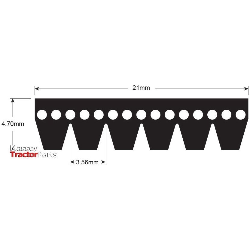 Illustration of a Massey Tractor part with measurements. The Sparex Poly V / Multi-Rib Belt - PK Section - Belt No. 6PK2217 (Sparex Part No.S.19098) has a length of 21mm, a height of 4.70mm, and several triangular teeth at the base spaced 3.56mm apart.
