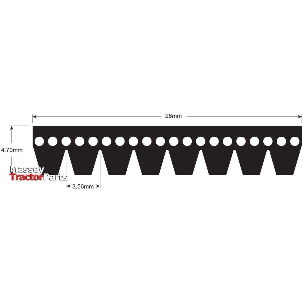 Diagram of a serrated part with dimensions labeled: overall length 28 mm, width 4.70 mm, serration depth 3.56 mm, resembling features of a Poly V / Multi-Rib Belt - PK Section - Belt No. 8PK1460 by Sparex (Sparex Part No. S.56939). "Massey Tractor Parts" logo included.