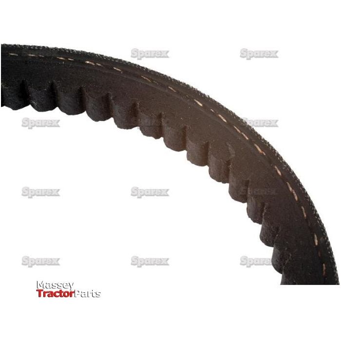 Close-up of a black, notched Raw Edge Moulded Cogged Belt - AVX Section, Belt No. AVX10x850 used in tractor machinery. The background features a repeating "Sparex" watermark. The words "Massey Tractor Parts" and model number "AVX10x850" are visible in the bottom left corner.