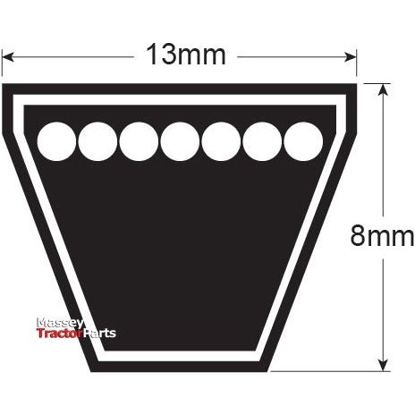 Diagram showing a trapezoidal cross-section of a mechanical part with a top width of 13mm and a height of 8mm. The Sparex V Belt - A Section (Part No. S.18755) features seven circular elements along the top inside edge, ideal for V Belt applications.