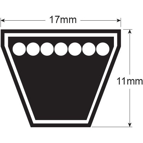 Black and white diagram of a flared object with seven circular indentations, labeled dimensions of 17mm wide and 11mm high. This illustration, reminiscent of the Sparex V Belt - B Section - Belt No. B44 (Sparex Part No.S.19116), provides detailed measurements for precision fitting.