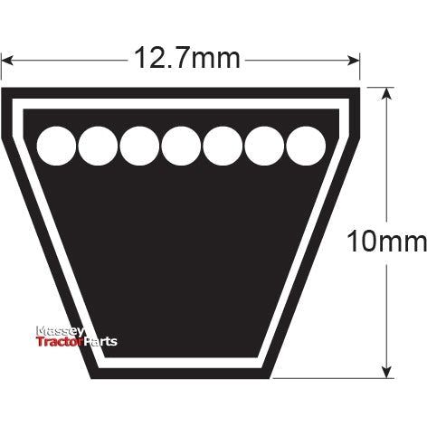 Diagram of a trapezoidal object measuring 12.7mm at the top width and 10mm in height, with seven circles inside. Text reads "Massey Tractor Parts" featuring Wedge Belt - SPA Section - Belt No. SPA2982 from Sparex (Part No.S.22003).