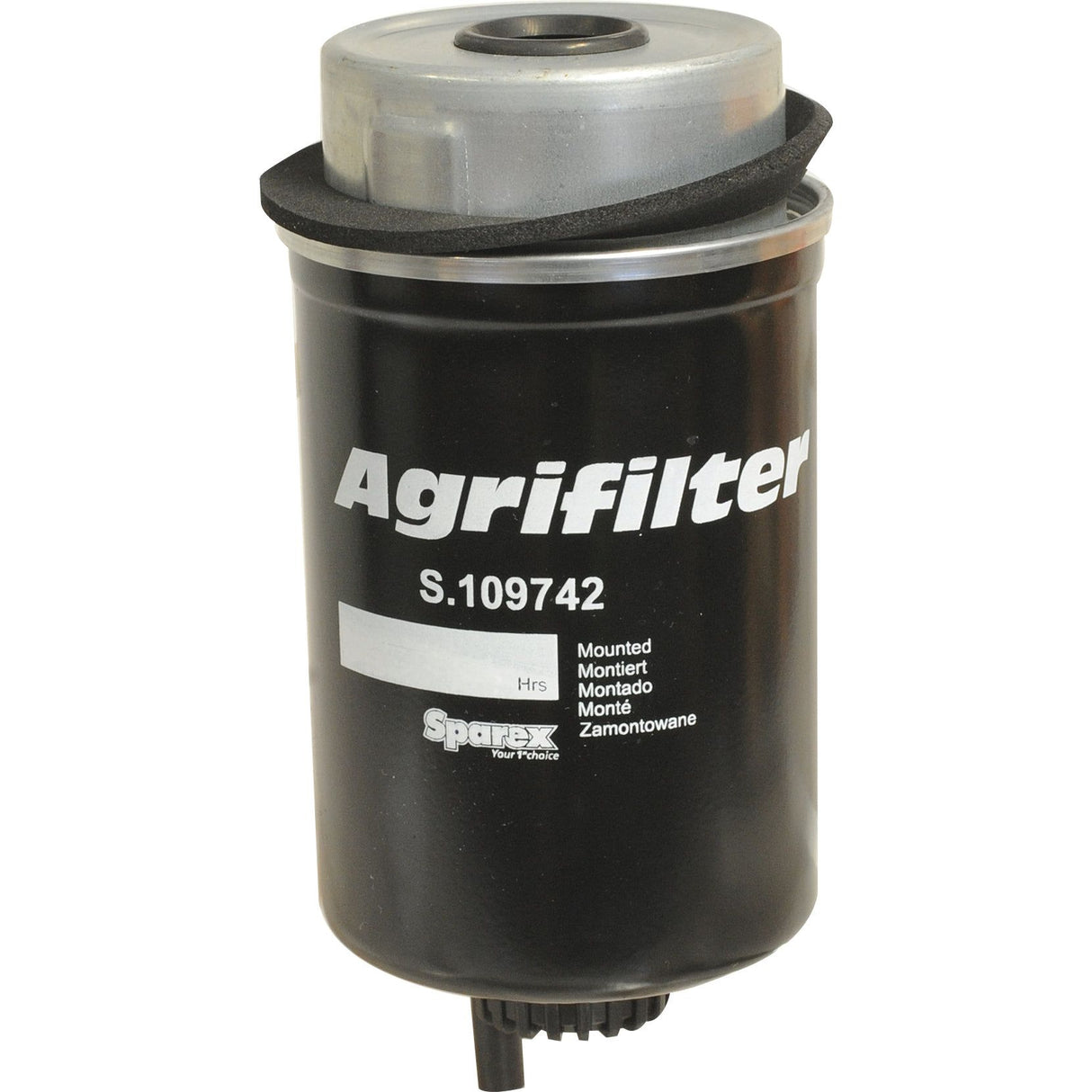 A Sparex Fuel Filter - Element (Sparex Part No. S.109742) for agricultural machinery, featuring a black design with a silver top, rubber seal, and manufacturer's branding. It meets precise ElementProduct Specifications for quality and reliability and is compatible as a fuel filter.