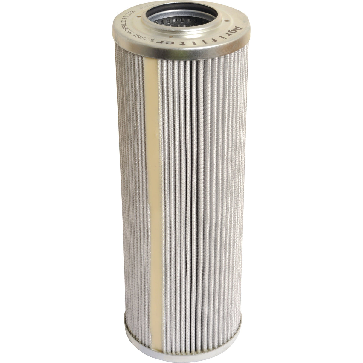 A cylindrical, silver-colored industrial filter with a pleated surface and metallic ends, standing upright, the Hydraulic Filter - Element - HF30196 (Sparex Part No. S.73151) by Sparex is ideal for Case IH machinery.