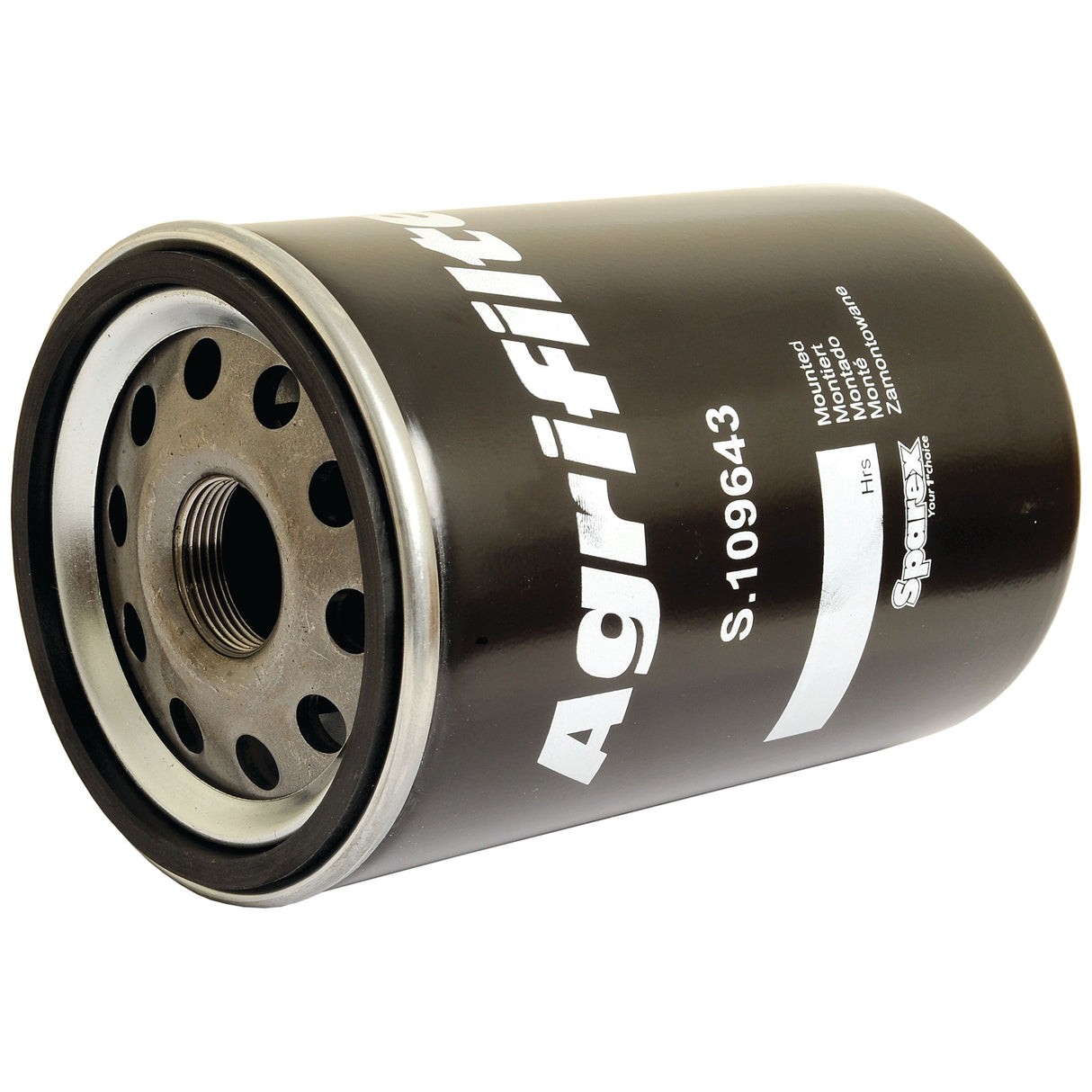 Image of a Sparex Hydraulic Filter - Spin On (Part No. S.109643), designed for agricultural machinery. The cylindrical, black filter with white text detailing its specifications also fits Sparex spin-on models readily used in hydraulic system maintenance.