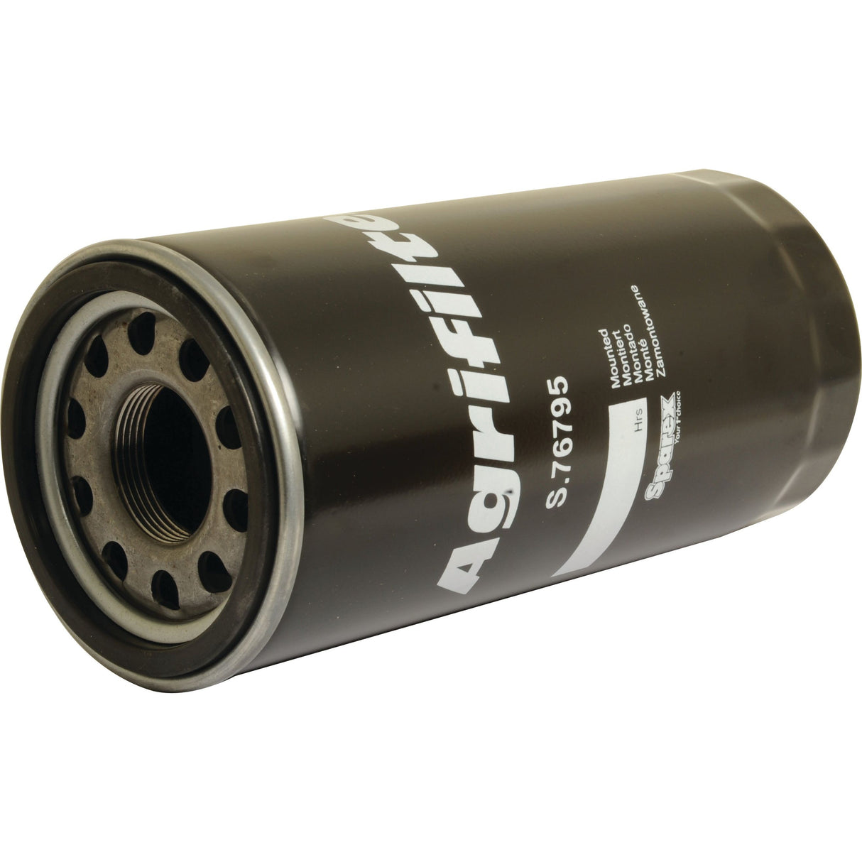 A black cylindrical Sparex Hydraulic Filter - Spin On, part number S.76795, compatible with Deutz-Fahr AGROPLUS, features printed specifications and multiple holes on one end.