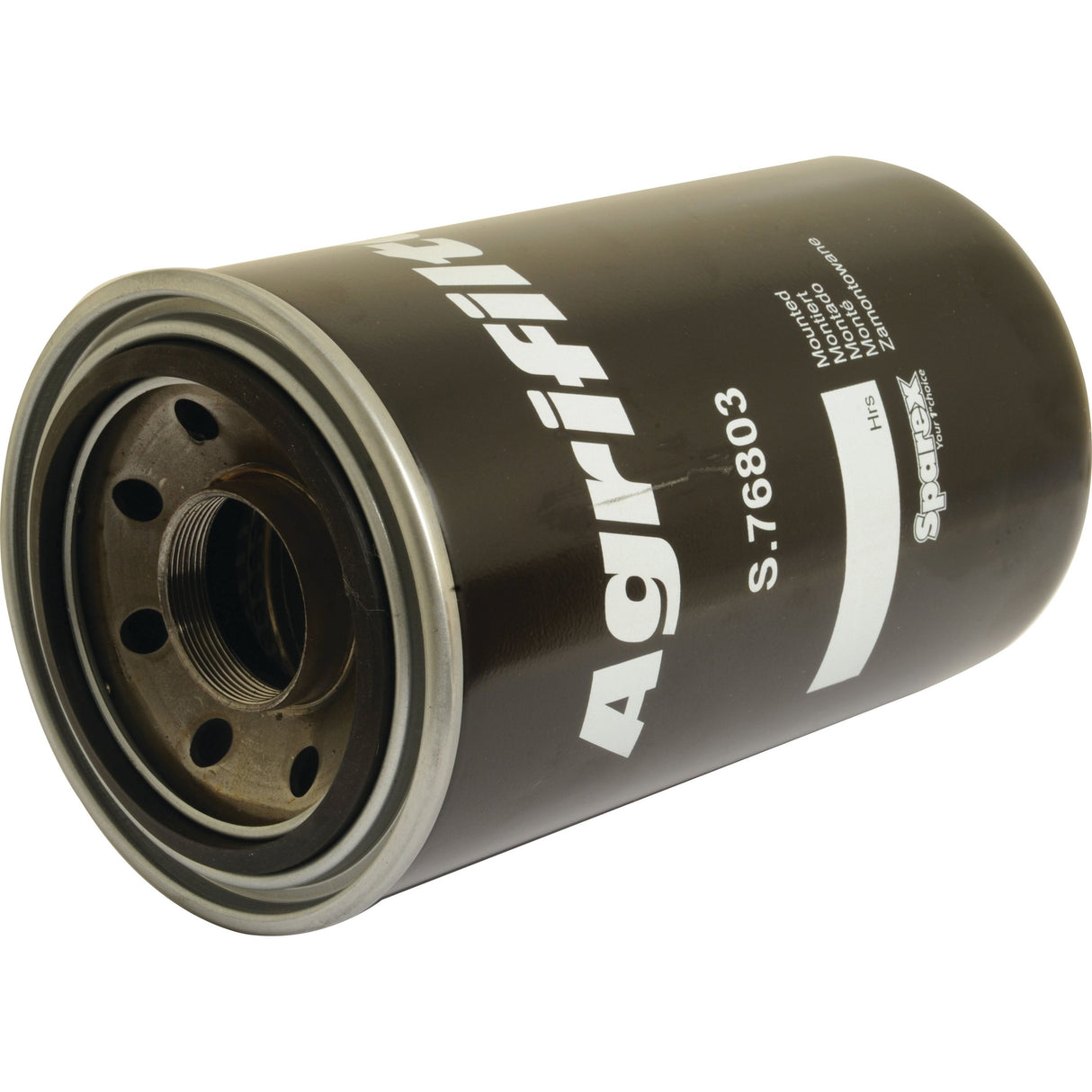 A cylindrical, black hydraulic filter with white text labels features the brand "Sparex" and model number "S.76803." This Spin On Hydraulic Filter is compatible with New Holland and Case IH machinery.