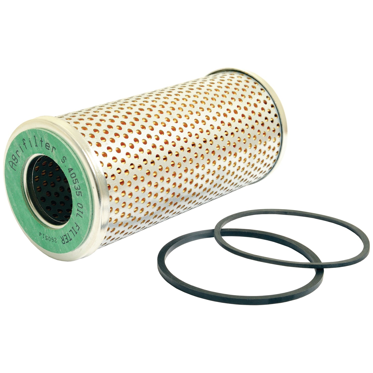 A Sparex Oil Filter - Element (Sparex Part No. S.40535) cylindrical perforated metal oil filter with rubber seals, suitable for Massey Ferguson equipment.