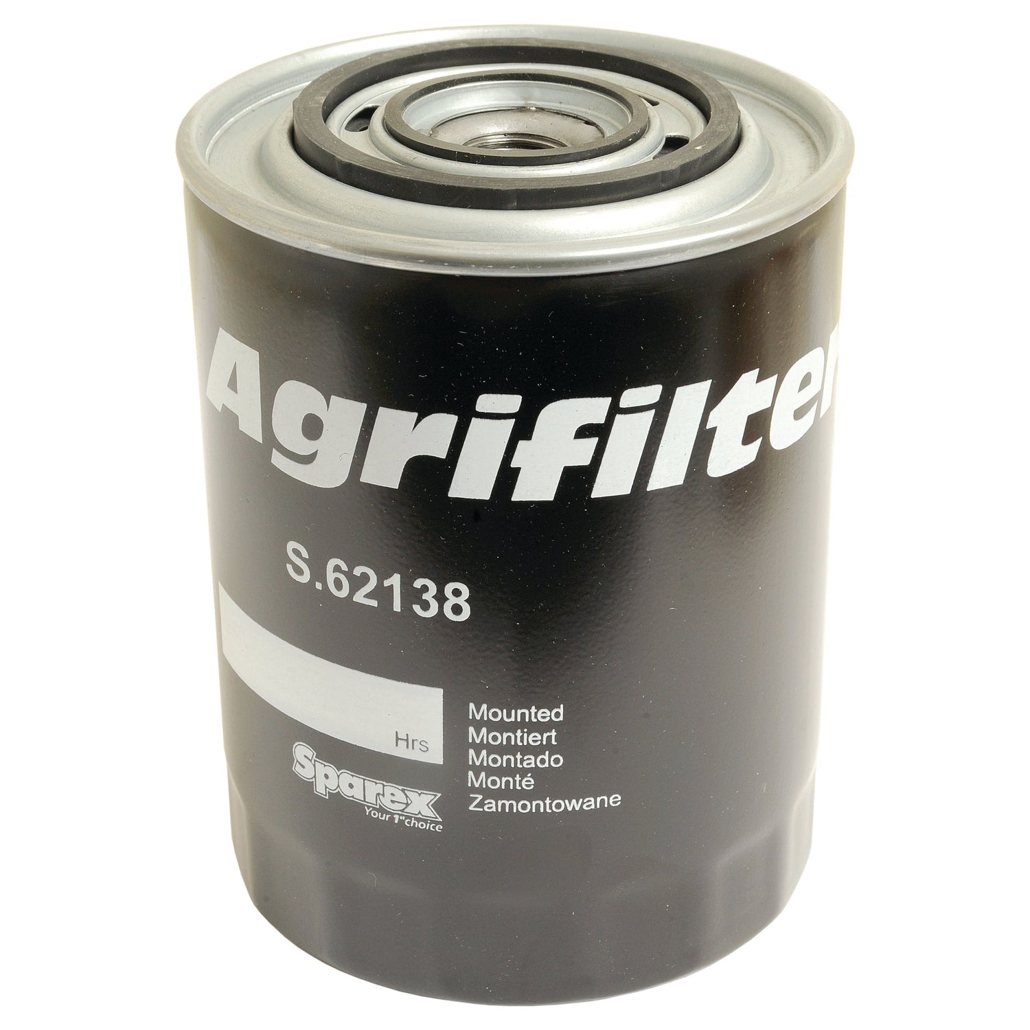 The black Sparex Oil Filter - Spin On (Part No. S.62138) features an anti-drain design, with a gray label displaying mounting instructions and the brand name Sparex.