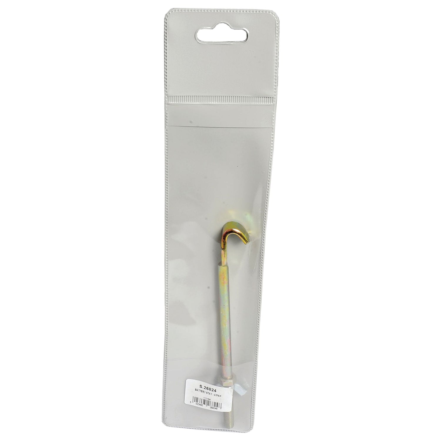 A Battery Stay (Long) (Agripak 1 pc.) by Sparex, packaged in plastic with a white label displaying text and a barcode.