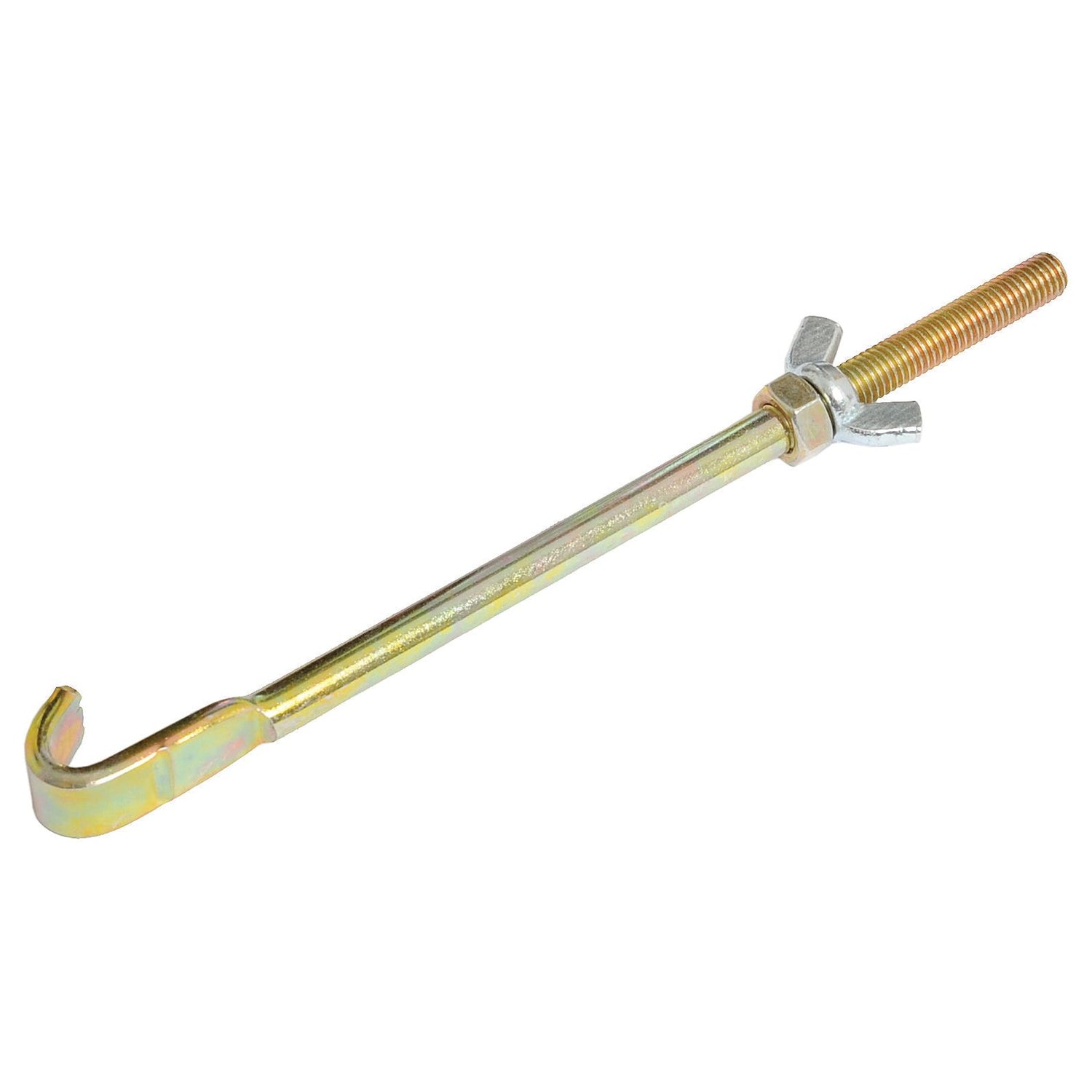 Introducing the Sparex Battery Stay (Long) (Agripak 1 pc.), Sparex Part No. S.26824, designed for long-lasting durability. This high-quality product features a curved hook on one end and a threaded end with a wing nut, making it an ideal choice for your needs.