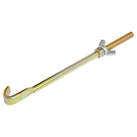 Introducing the Sparex Battery Stay (Long) (Agripak 1 pc.), Sparex Part No. S.26824, designed for long-lasting durability. This high-quality product features a curved hook on one end and a threaded end with a wing nut, making it an ideal choice for your needs.