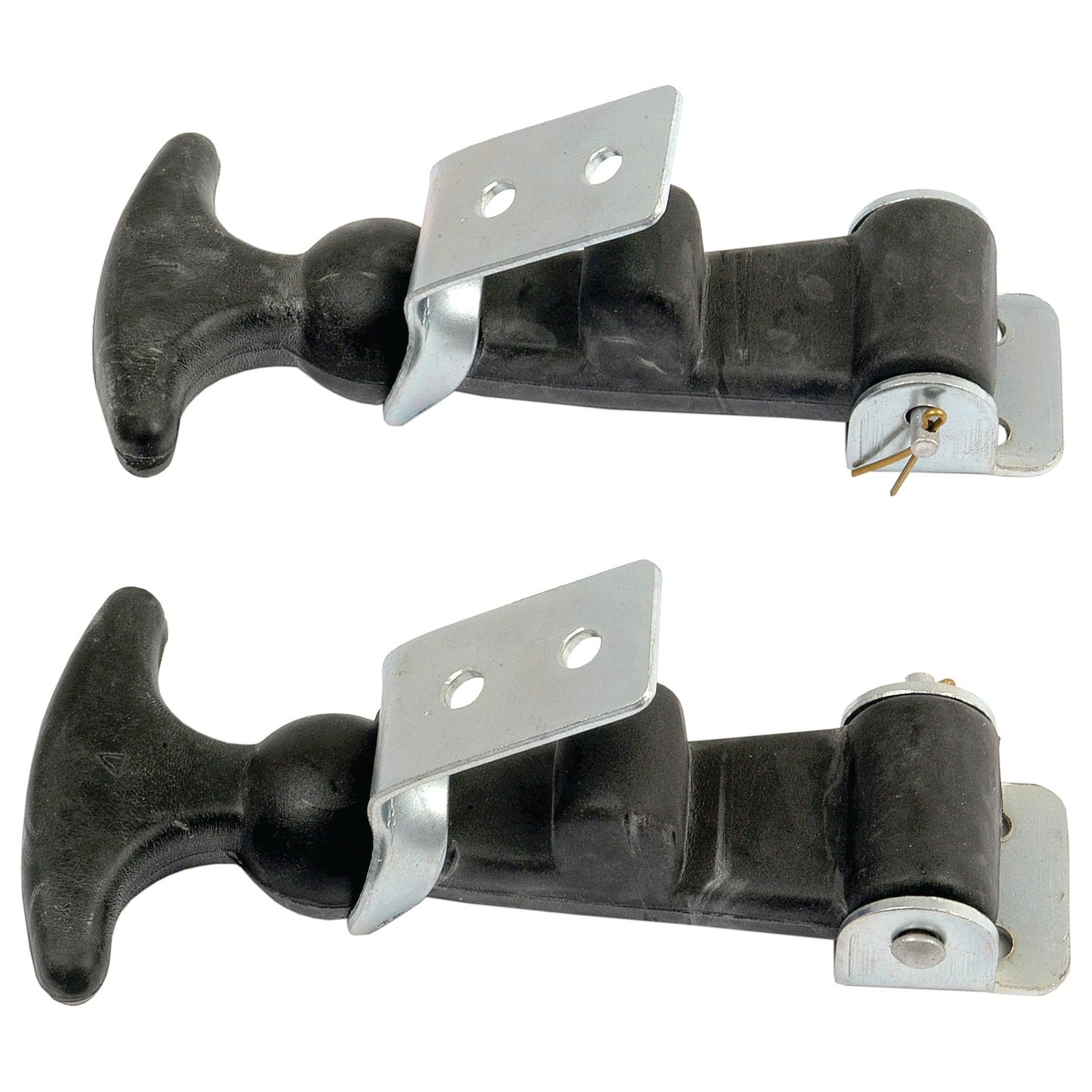 Two black rubber hood latches with T-handles and 2 x 5'' metal brackets are shown side by side, designed for securing the hoods of vehicles or equipment. These are the Bonet Catch Assemblies by Sparex, part number S.8390.