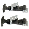 Two black rubber hood latches with T-handles and 2 x 5'' metal brackets are shown side by side, designed for securing the hoods of vehicles or equipment. These are the Bonet Catch Assemblies by Sparex, part number S.8390.