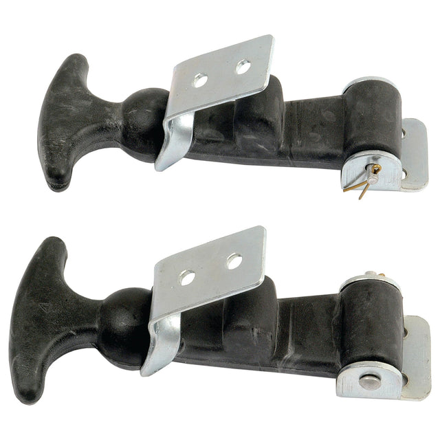 Two black rubber hood latches with T-handles and 2 x 5'' metal brackets are shown side by side, designed for securing the hoods of vehicles or equipment. These are the Bonet Catch Assemblies by Sparex, part number S.8390.