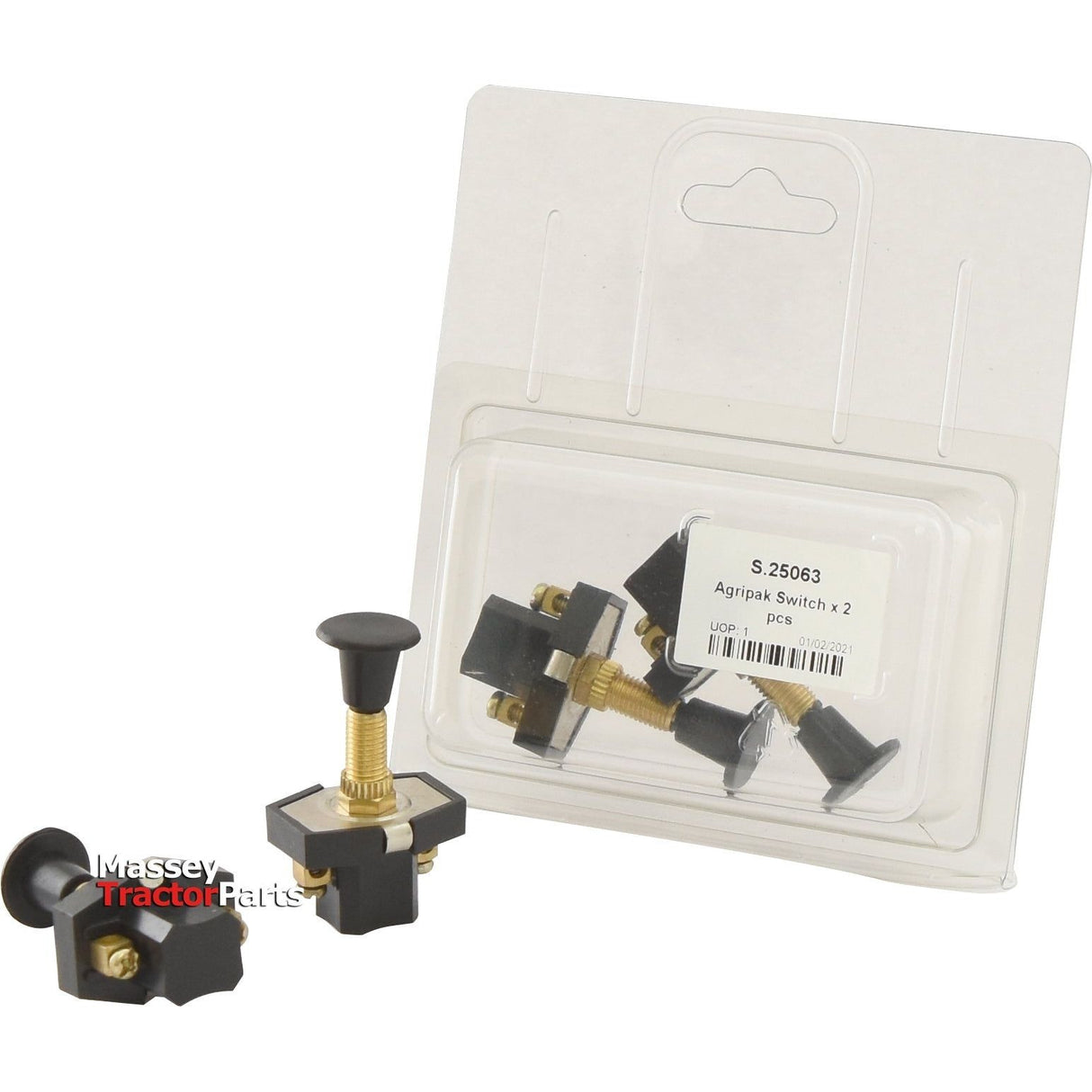 A packaged set of two Sparex Agripak Switches is displayed with one switch outside the package. The package label reads "S.25063 Agripak Switch x 2." These push/pull on/off fittings feature an 8mm Ø design, making them versatile for use in various applications.