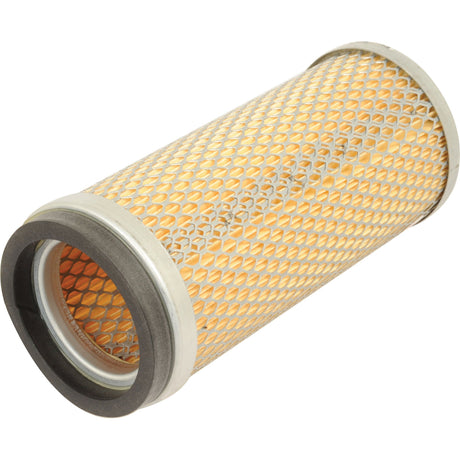 The Sparex Inner Air Filter AF1857 (Sparex Part No. S.76338) features a cylindrical design with a yellow mesh exterior and gray rubber ends, and is compatible with both Fleetguard AF1857 and Massey Ferguson models.