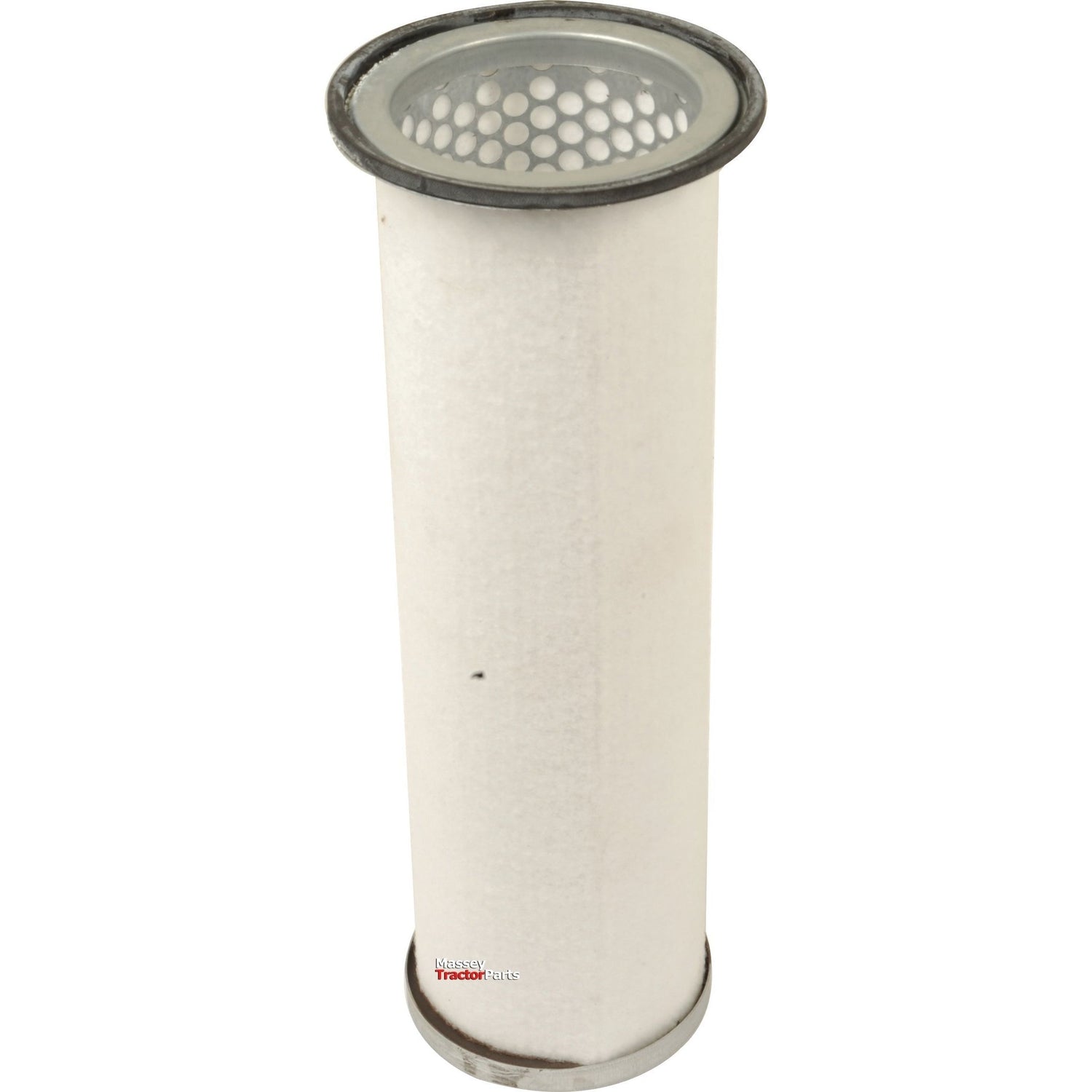 The Sparex Air Filter - Inner (AF1980 | Sparex Part No.S.76343), designed for John Deere machinery, features a cylindrical white shape, metallic flanges on both the top and bottom, and is equipped with a perforated metal cap at the top.