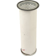 The Sparex Air Filter - Inner (AF1980 | Sparex Part No.S.76343), designed for John Deere machinery, features a cylindrical white shape, metallic flanges on both the top and bottom, and is equipped with a perforated metal cap at the top.