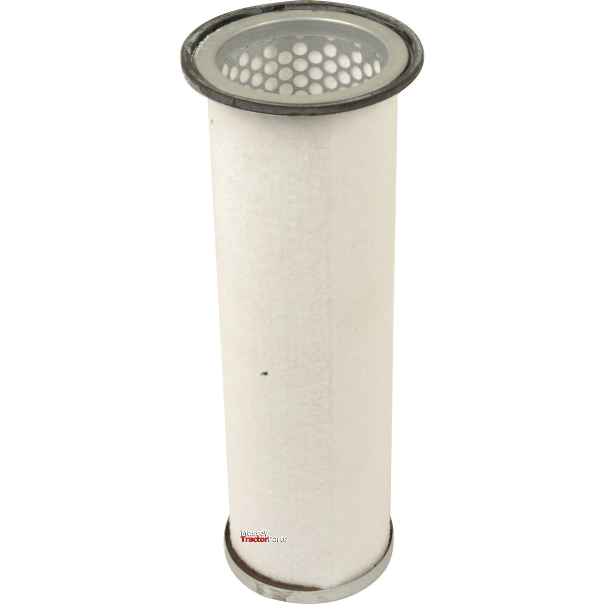 The Sparex Air Filter - Inner (AF1980 | Sparex Part No.S.76343), designed for John Deere machinery, features a cylindrical white shape, metallic flanges on both the top and bottom, and is equipped with a perforated metal cap at the top.