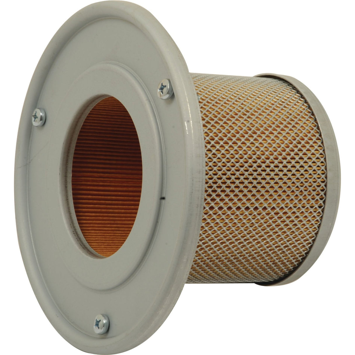 A cylindrical air filter with a metal mesh exterior and a central opening, secured with screws on a round mounting plate. This Sparex Air Filter - Inner - AF25301 (Sparex Part No.S.76553) is compatible with John Deere models and is akin to the high-quality Fleetguard AF25301.